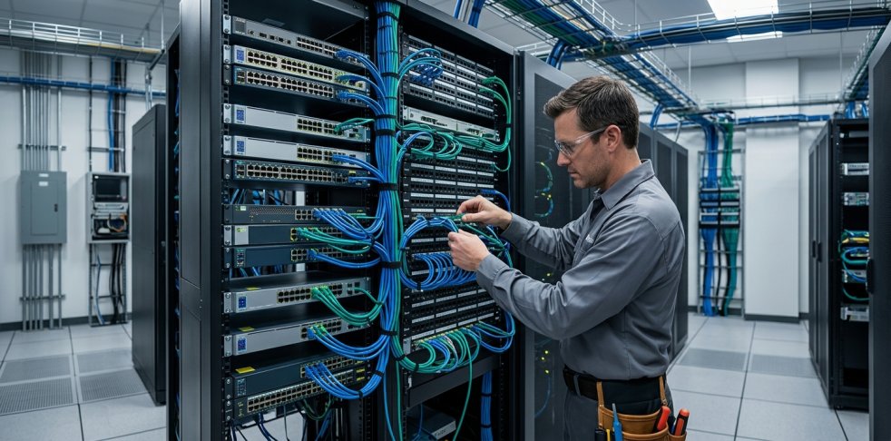 Technician connecting network cables in a server room rack with switches and organized blue wiring